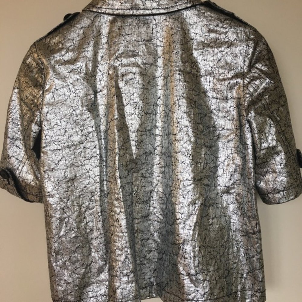 GRYPHON SILVER FOIL BLACK COVERED CROPPED SWING LINEN JACKET Sz M #191 - Picture 3 of 7